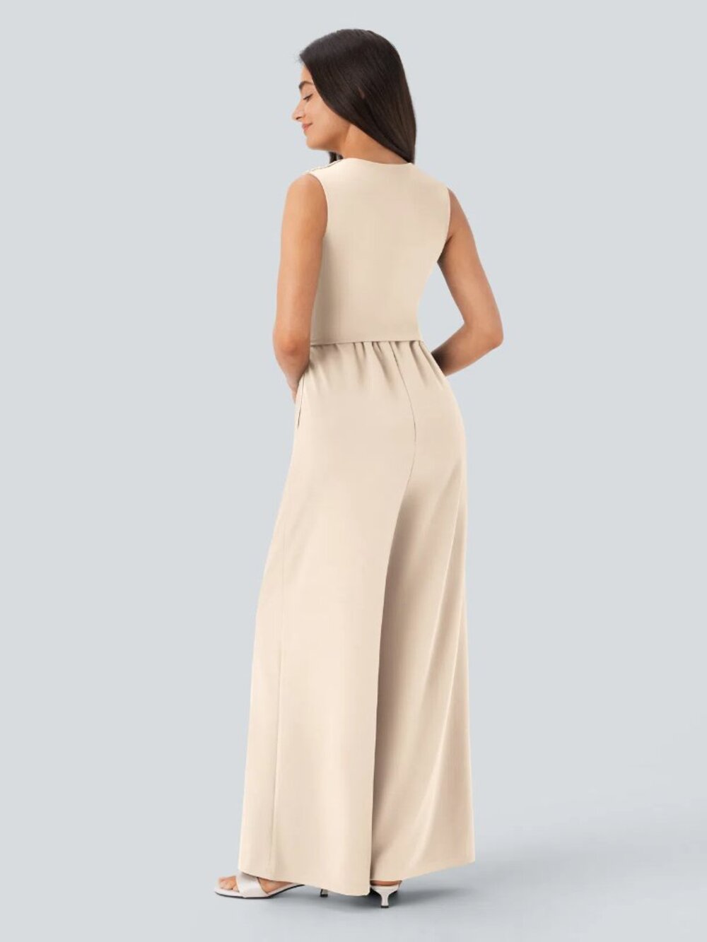 Halara V Neck Sleeveless Ruched Pocket Jumpsuit-Easy Peezy XL Cream - Picture 2 of 6